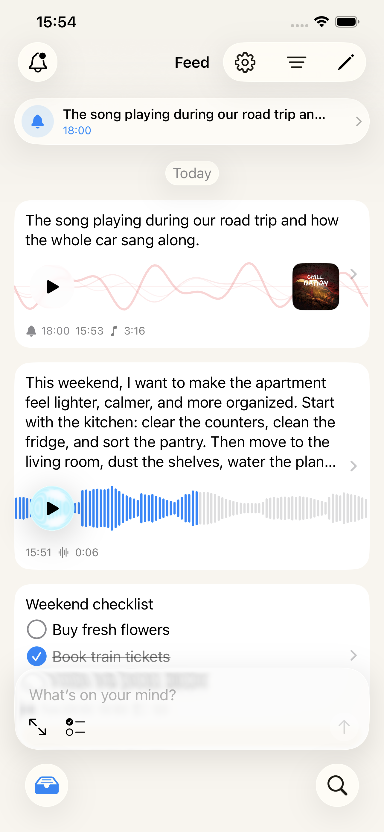 Minbi Feed showing a song memory, voice note, and weekend checklist
