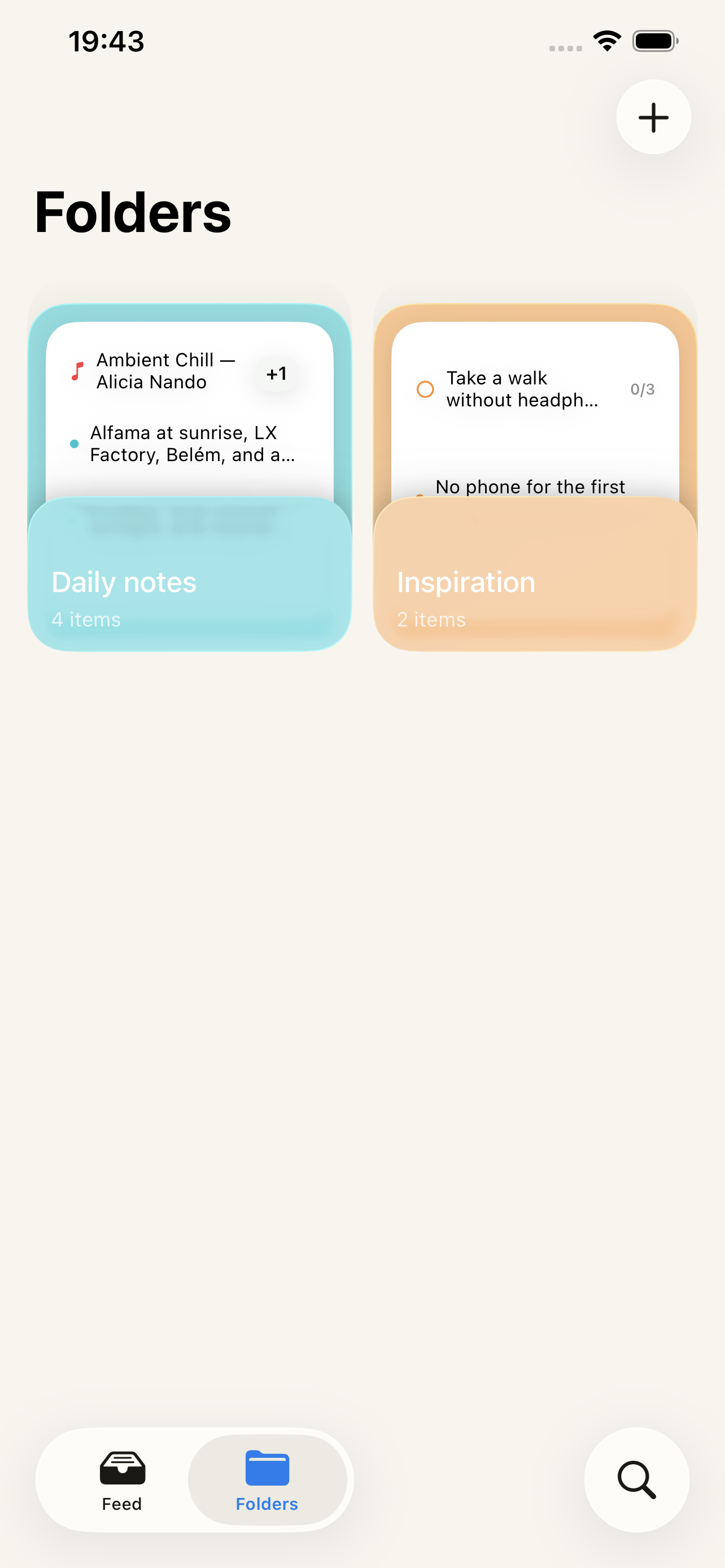 Minbi Folders showing Daily notes and Inspiration collections with live previews