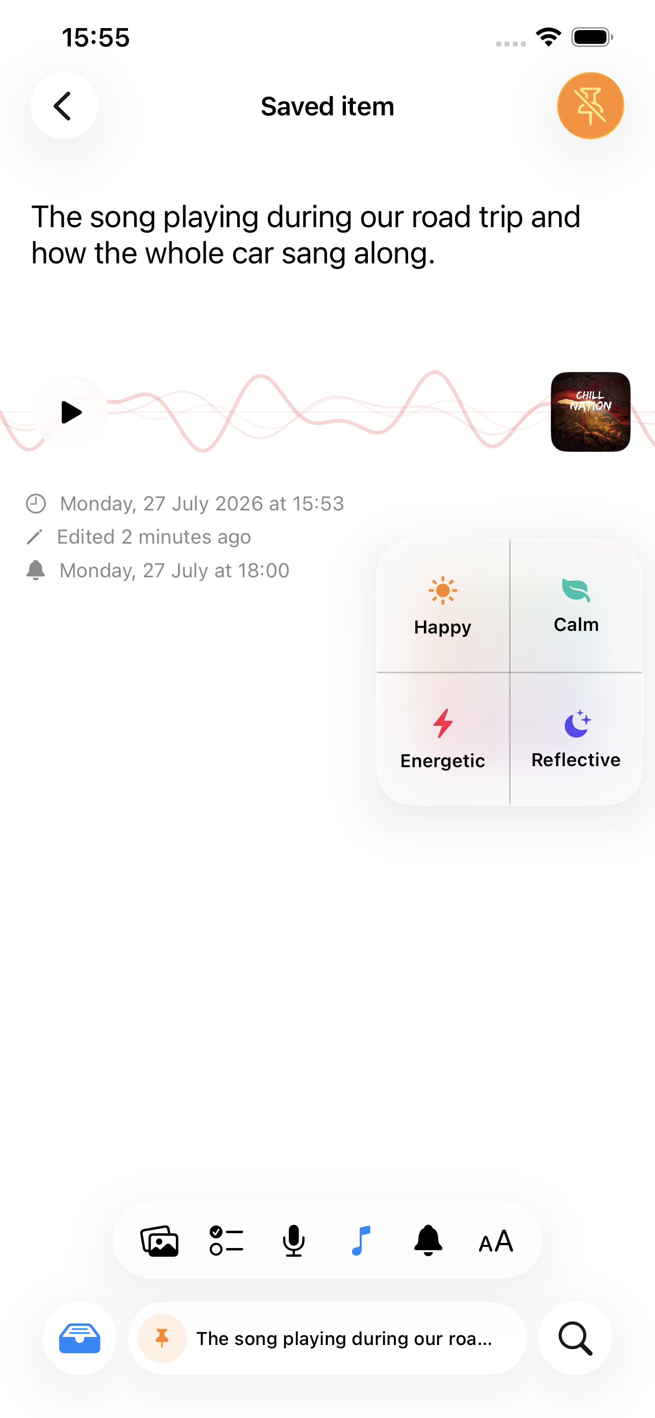 A Minbi memory with an Apple Music song and mood-based song picker