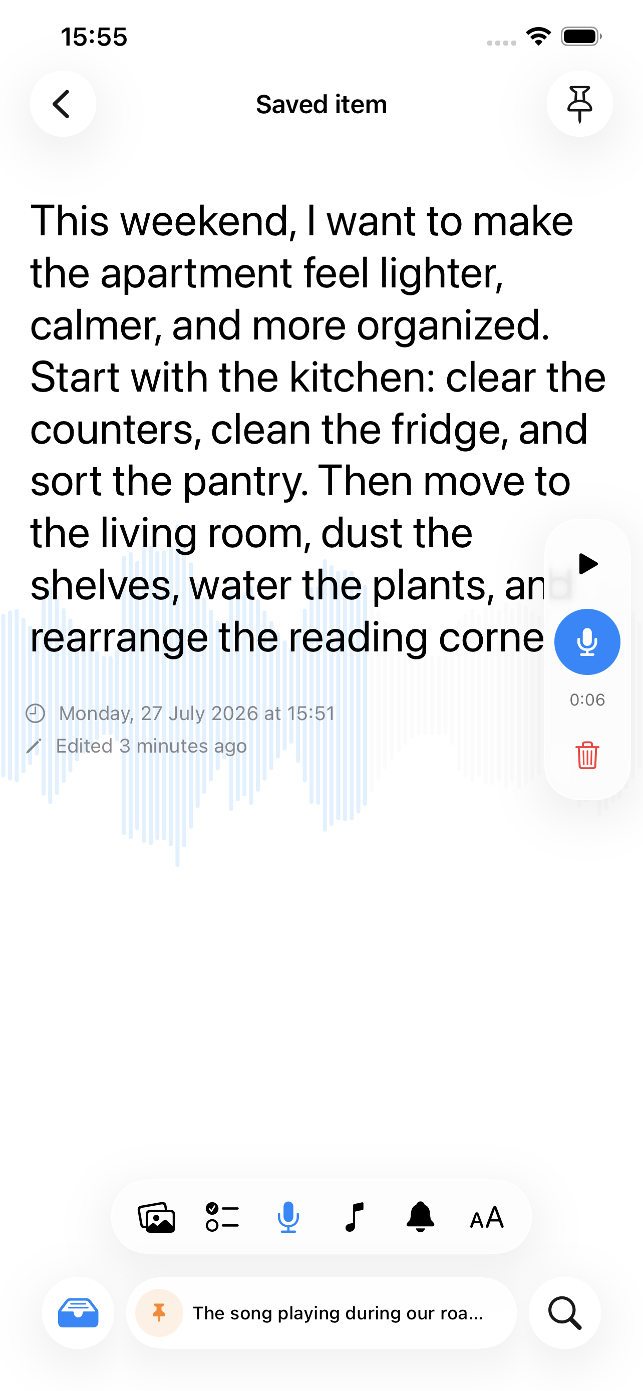 A saved Minbi voice note with its text, waveform, and playback controls